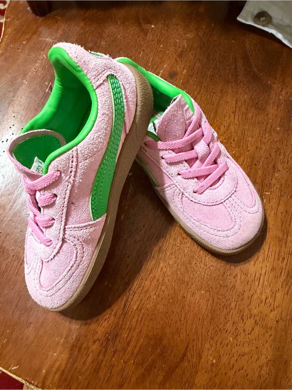 Puma Kids Pink Suede Sneakers with Bright Green Interior - Picture 3 of 4